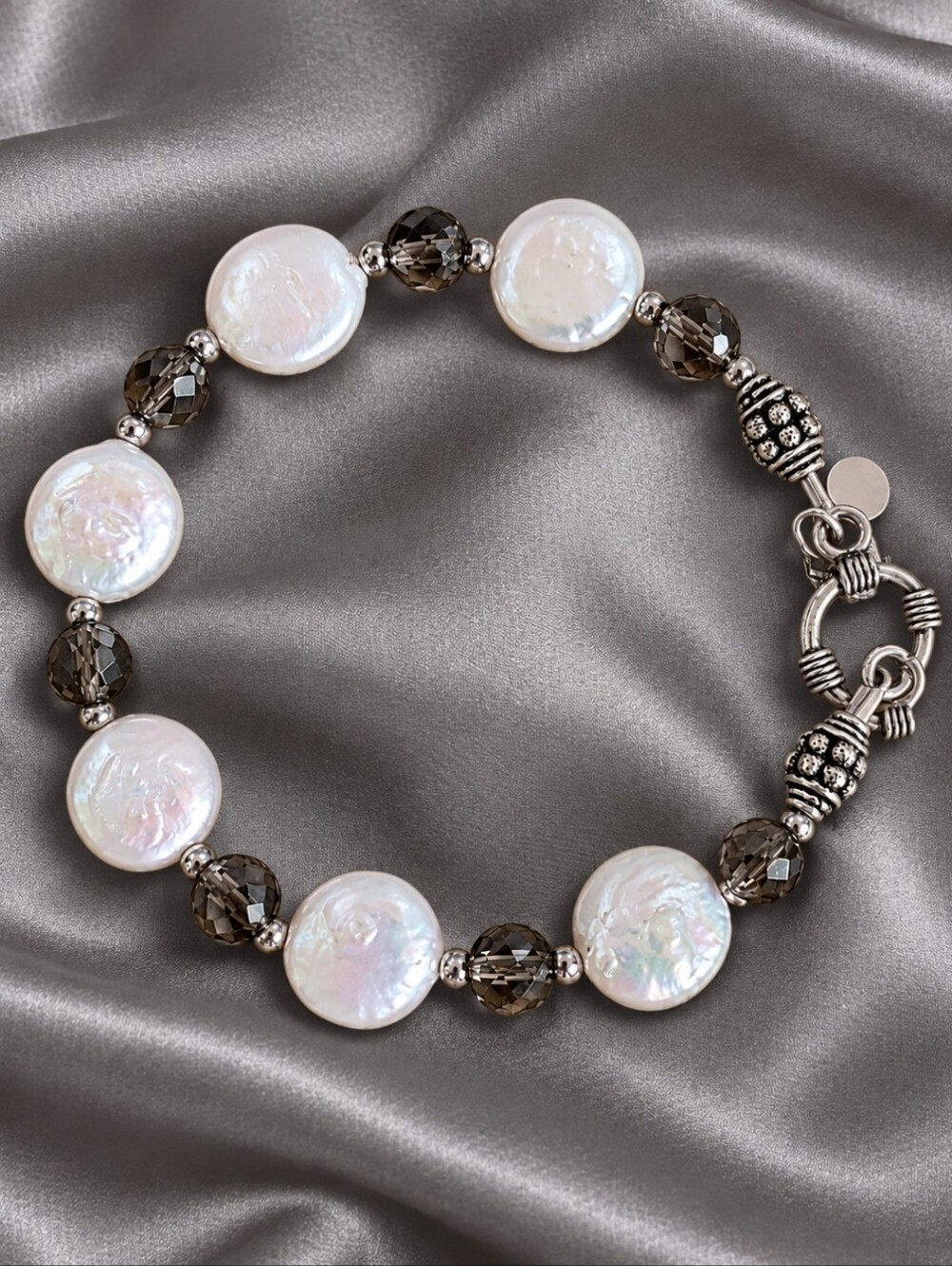 Donna Dressler Iridescent Coin Pearls Sterling Silver Bracelet Toggle Clasp EUC